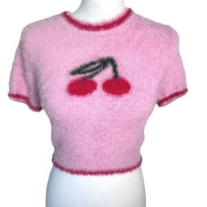 DOLLS KILL PRETTY GARBAGE Women's Small Pink Red Cherry Fuzzy Crop Sweater Top